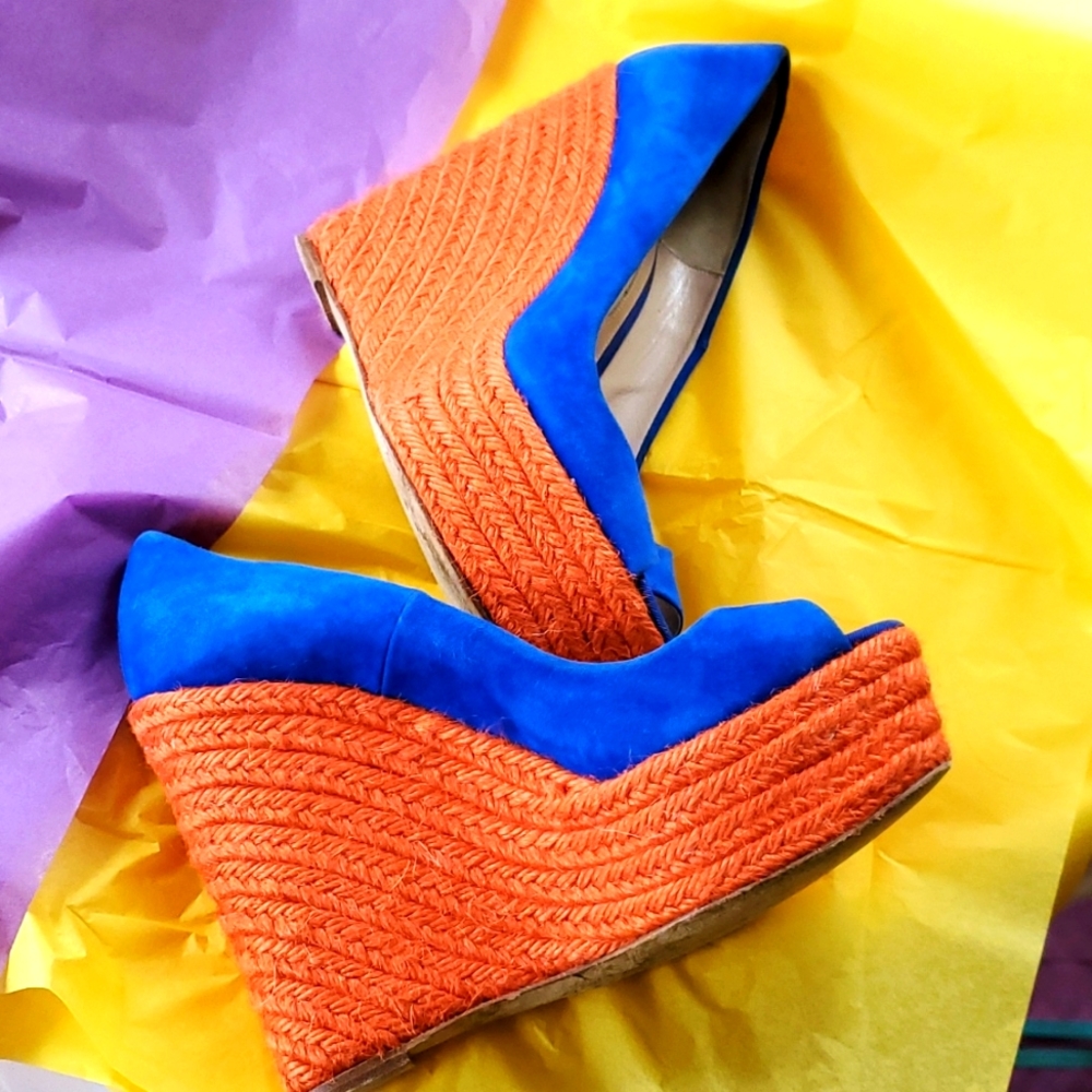Brian Atwood Platform Wedge Peep Toe Espadrilles Spain sz : 37 6 US